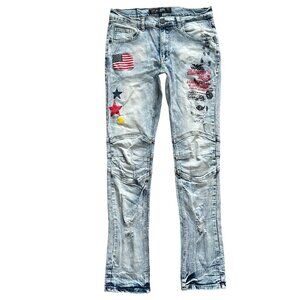 Reason Brand Jeans Mens 32 Light Wash Distressed Slim Fit Moto Patches Graphics